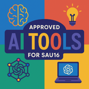 an image of profile of a face with "AI" in the brain area, and a green checkmark. The text says "Approved AI Tools". 
